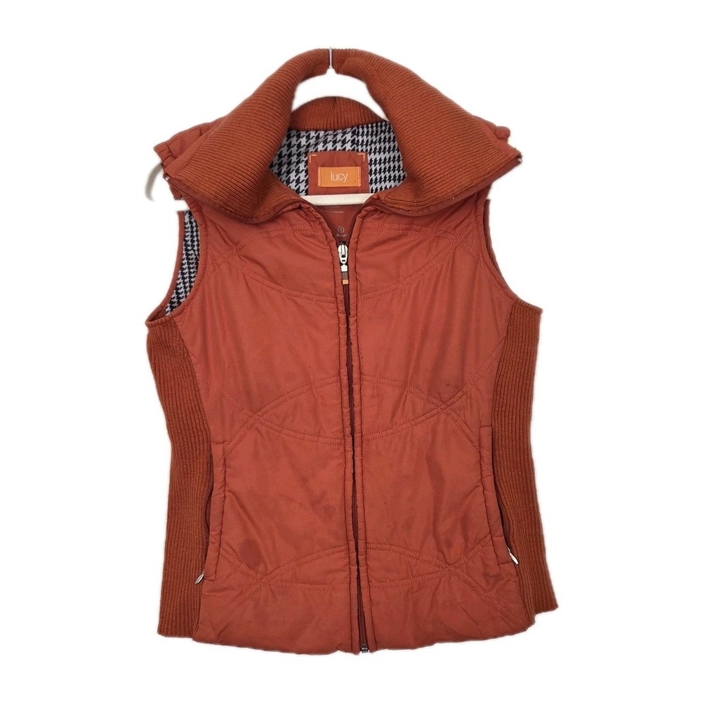 Lucy Womens Small Orange Quitled Full Zip Althletic Vest Athleisure Travel Rib‎